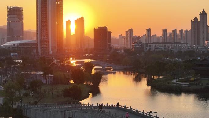 台州温岭九龙湖湿地公园日落航拍