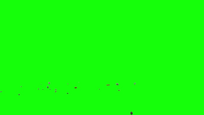 岩石和砖块从屏幕的左上角掉落并散落在假想的平面上，绿色屏幕背景，用于色度键混合选项的动画覆盖。抛弃概