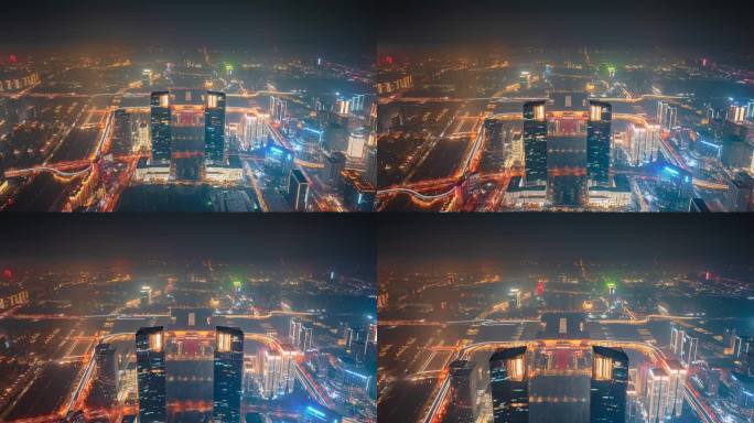 郑州东站郑州绿地双子塔夜景航拍延时摄影
