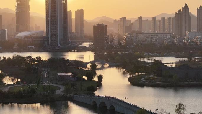 台州温岭九龙湖湿地公园日落航拍