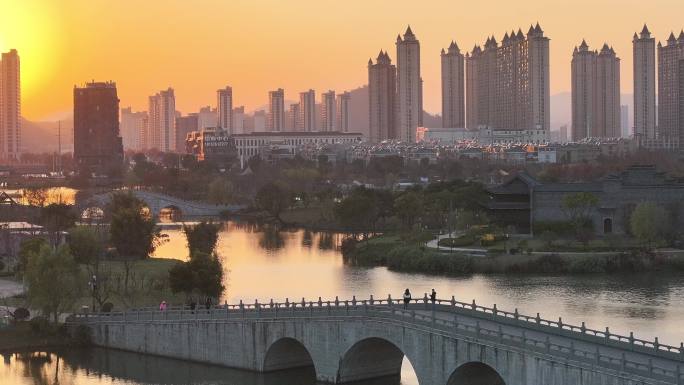 台州温岭九龙湖湿地公园日落航拍