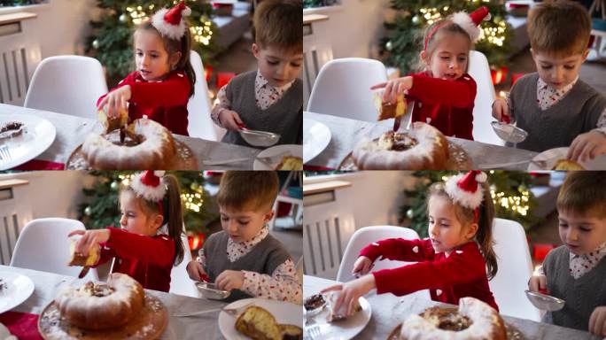 白人兄弟姐妹在圣诞节午餐时吃蛋糕作为甜点