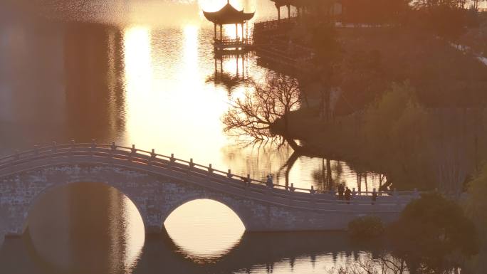 台州温岭九龙湖湿地公园日落航拍