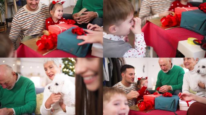 多代白人家庭一起包装圣诞礼物