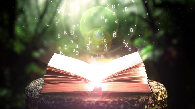 魔法书与字母和发光的光在自然背景。幻想的故事。圣经童话与教育概念动画
