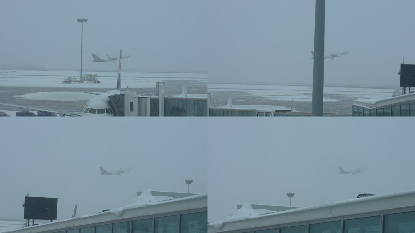 大雪天机场的飞机起飞