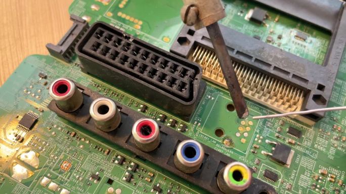 用铁工具在绿色电路板上焊接微型芯片处理器。具有电子服务技术和宏观计算机概念背景。