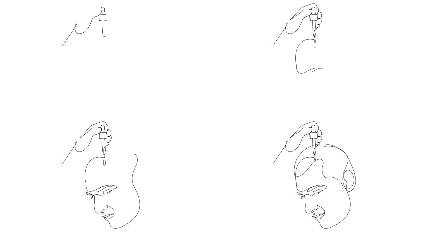 用连续一条线绘制的手持移液器自动绘制的脱发或秃顶药物动画。将护发油精华涂抹在男士头皮上。单线脱发治疗