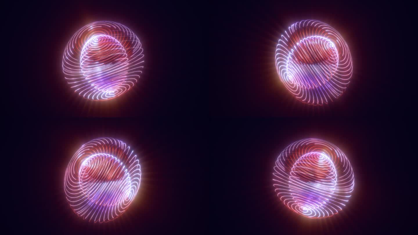 抽象发光环光高科技能量紫色圆球球原子能量块从线条和粒子未来，抽象的背景