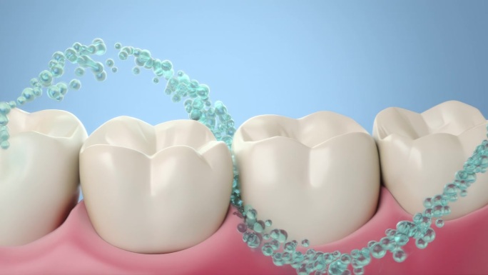 蓝色氟化物涂层和清洁牙齿，美白牙齿和牙齿保健3d动画。