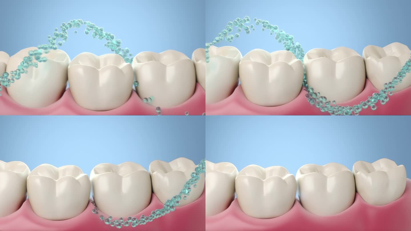 蓝色氟化物涂层和清洁牙齿，美白牙齿和牙齿保健3d动画。