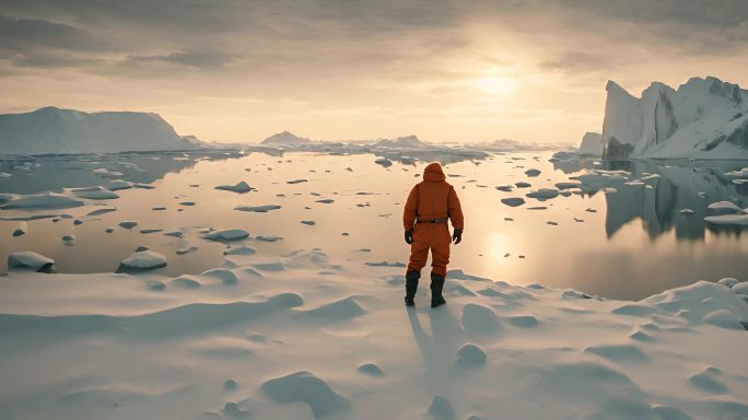 探险员在冰川前