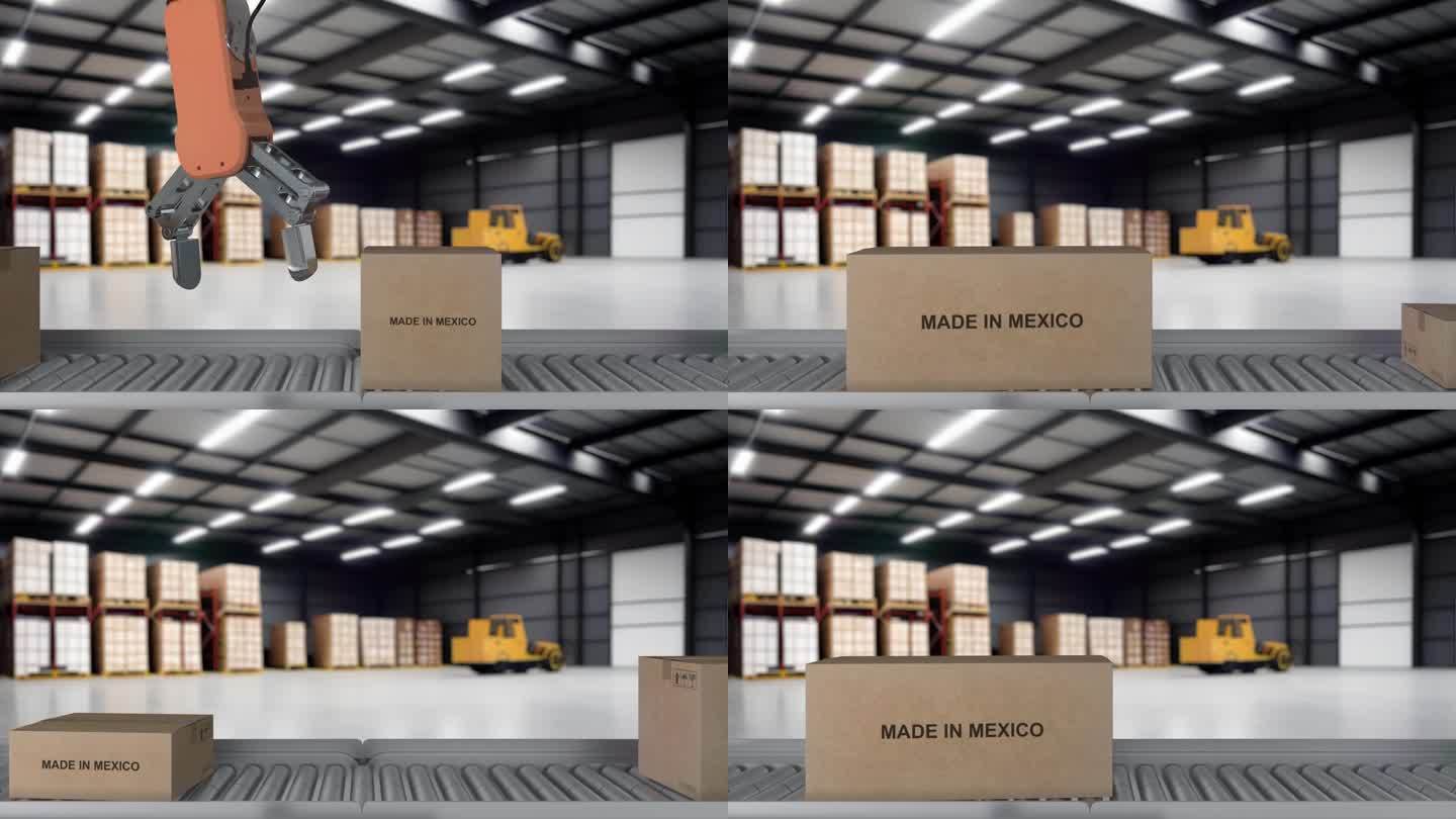 墨西哥制造进出口概念。滚筒输送机上装着墨西哥产品的纸箱