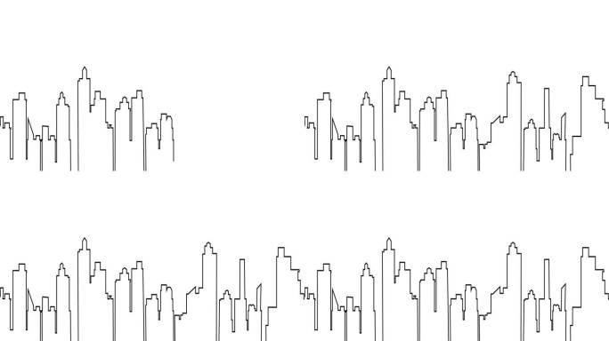 连续线的城市景观建筑绘图动画。全景摩天大楼公寓和塔楼单线路径动画