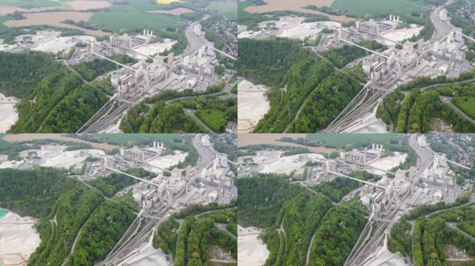 Kalkwerk Flandersbach的高分辨率视频，从直升机上拍摄的。它显示了一个采石场和莱茵