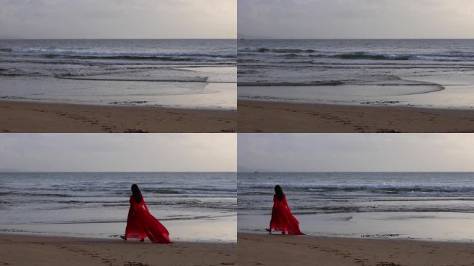 海边漫步的红衣女子