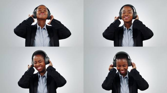 黑人女性，商务人士，戴着耳机跟着音乐跳舞，在录音室里听广播，背景是白色的。公司员工享受能量、锐舞或科