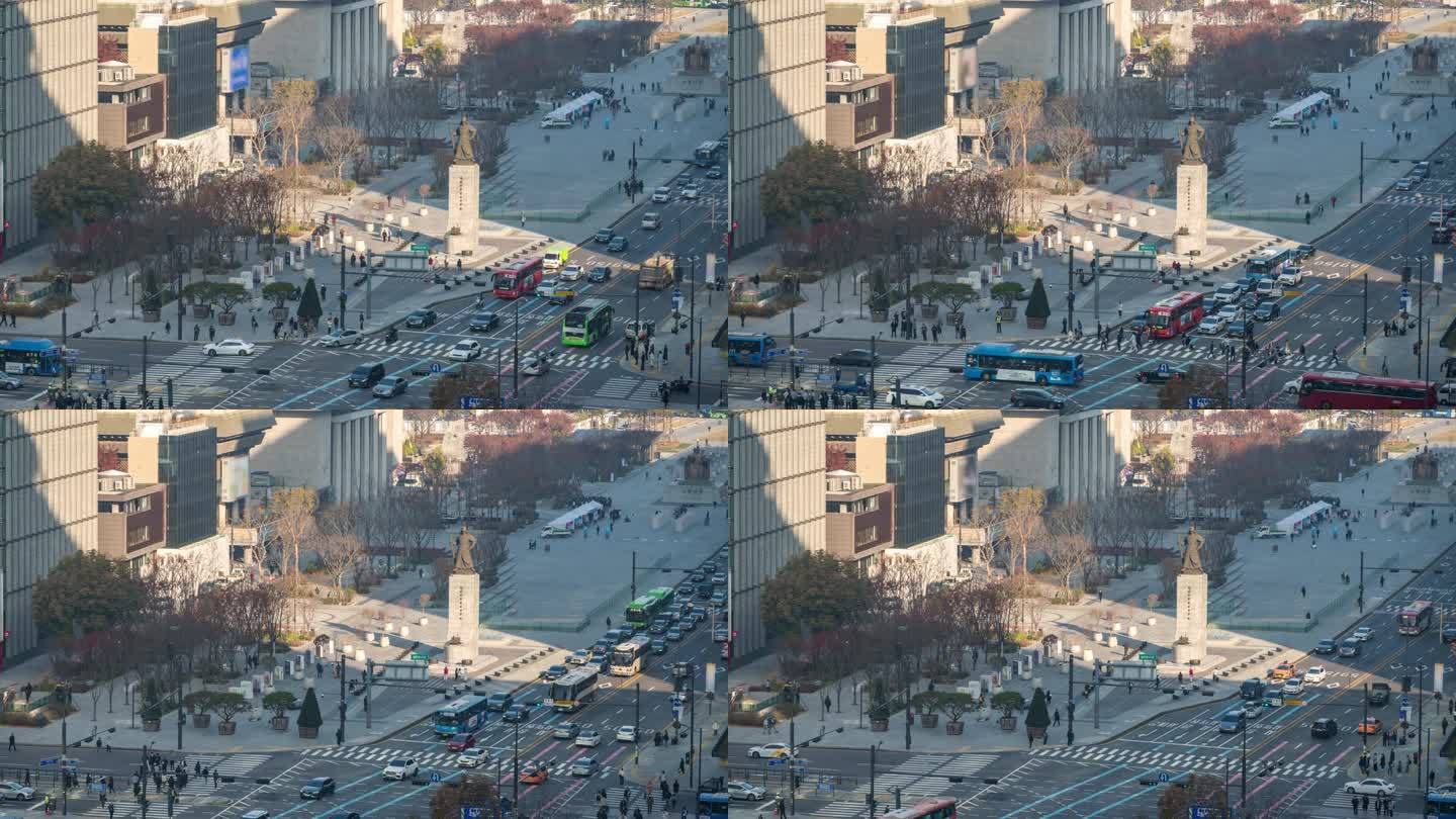 韩国首尔4K延时拍摄，秋天光化门广场的城市天际线延时拍摄