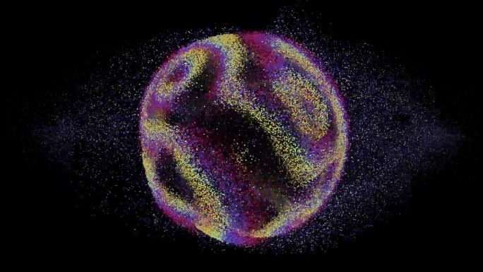 3D彩色球体与流的数字粒子在黑色背景。人工智能、神经网络或大数据分析的抽象概念。
