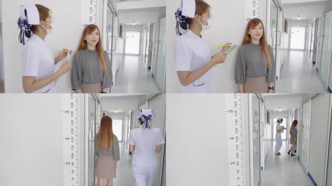 护士量了一下亚洲女病人的身高，走进医务室