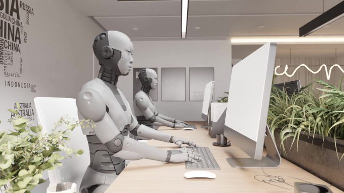 未来机器人在网站上与客户聊天，具有hud界面键盘人工智能的聊天机器人的帮助和关怀动画