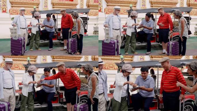 老年亚裔夫妇，老年高加索夫妇，是朋友，拖着大行李箱一起旅行清迈，他们在清迈地区分发嘟嘟车司机的app