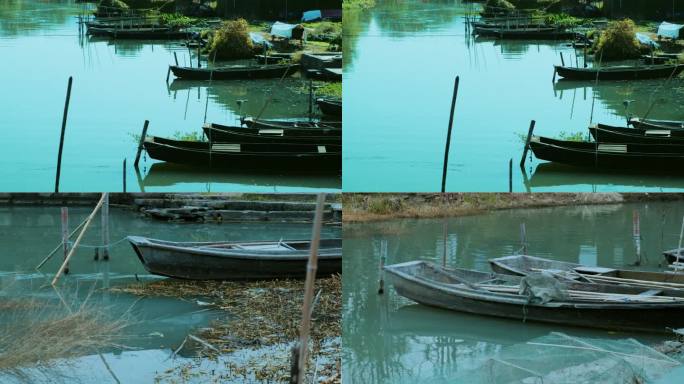江南农村河边河埠头停泊的小渔船