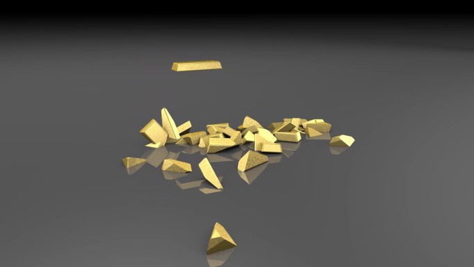 在光滑的地板上打碎金条。3 d动画。