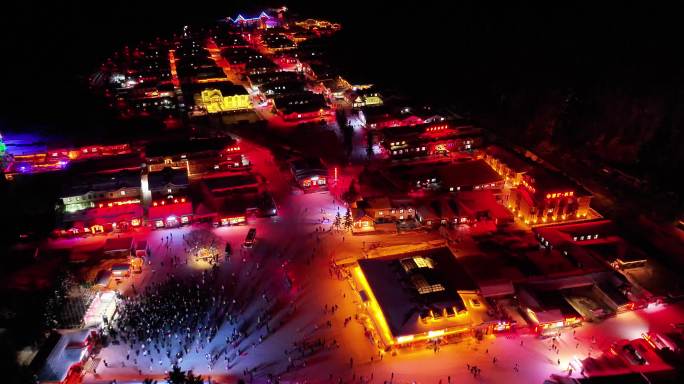 雪乡蹦迪人群欢歌跳舞夜景航拍素材