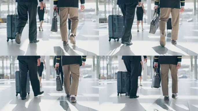 行李，机场大厅和飞行员在航班，时刻表或国际运输工作中搬运行李。男士，旅行箱和团队一起进行全球旅行，飞