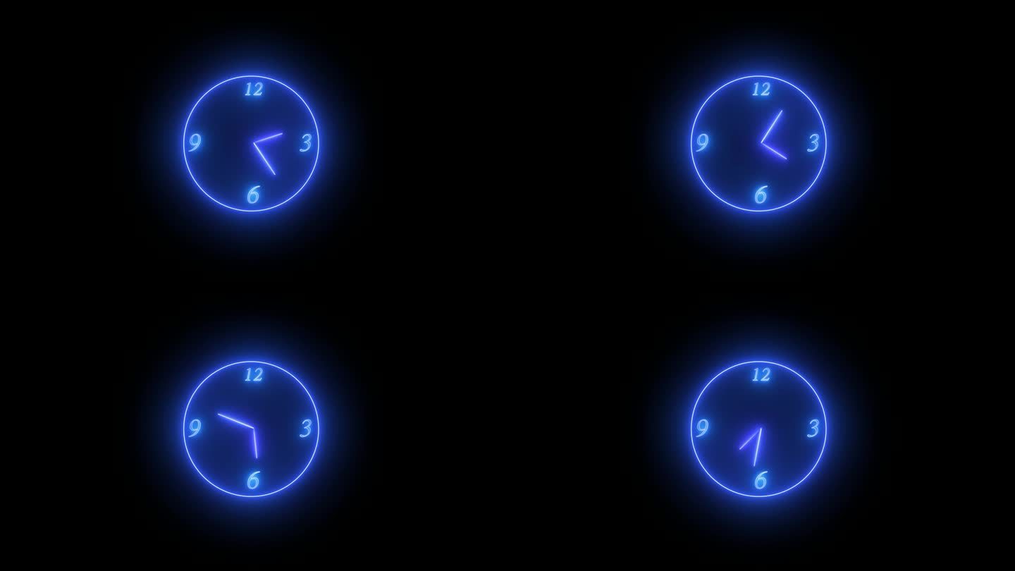 蓝色明亮的时钟与发光的霓虹灯。挂钟计时器。12小时过得飞快，霓虹灯模拟时钟。