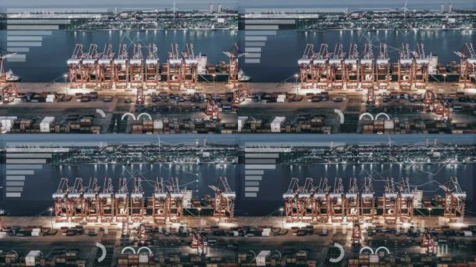集装箱船工业港口航拍图/夜间发光数据线概念图
