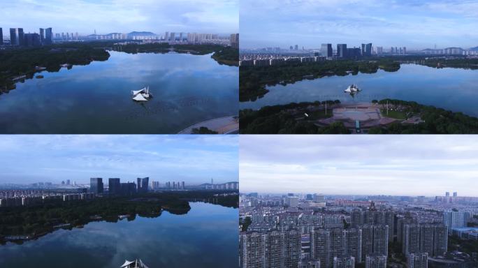 【有版权】4K湖面倒映着航拍张家港暨阳湖