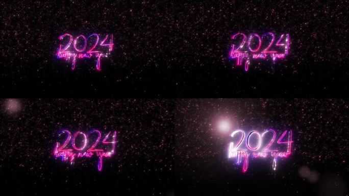 2024新年快乐粉红色霓虹文字与下降粉红色发光粒子电影标题动画黑色抽象背景