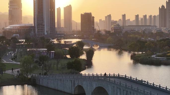 台州温岭九龙湖湿地公园日落航拍