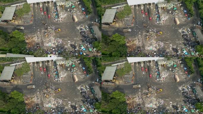 巨型垃圾场鸟瞰图。垃圾和垃圾填埋。生态问题，自然污染。消费主义经济的弊端。