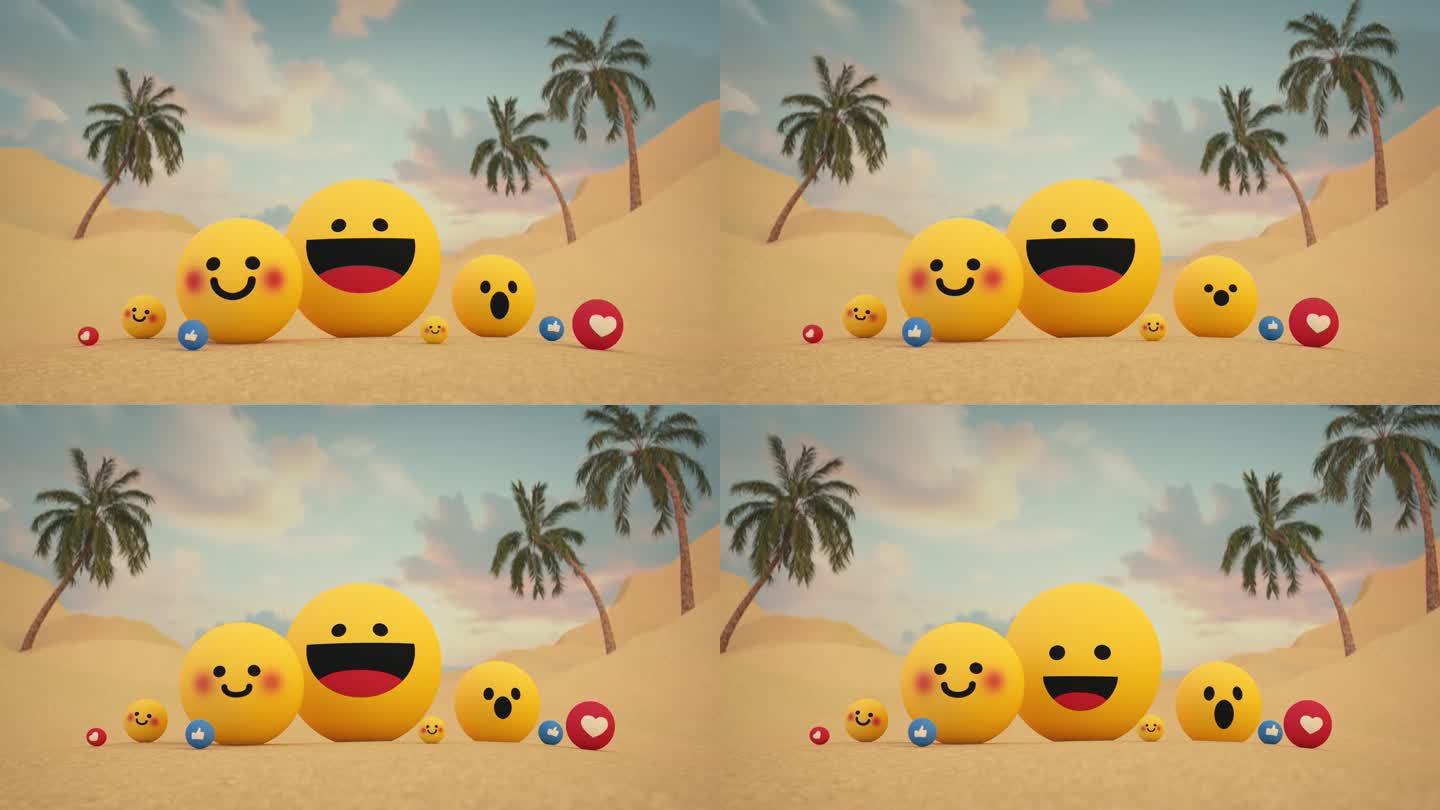 一组表情反应在海滩3D渲染动画