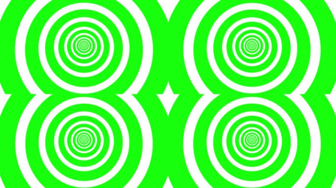 数字生成重复白色抽象混乱和催眠同心圆在孤立的绿色屏幕背景上移动