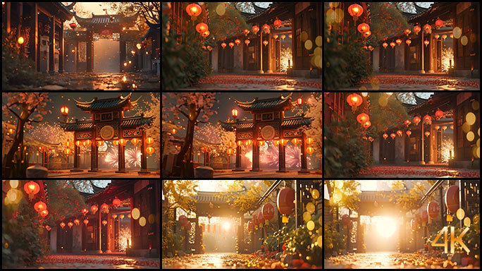 中国古代春节 挂满灯笼张灯结彩 新春氛围