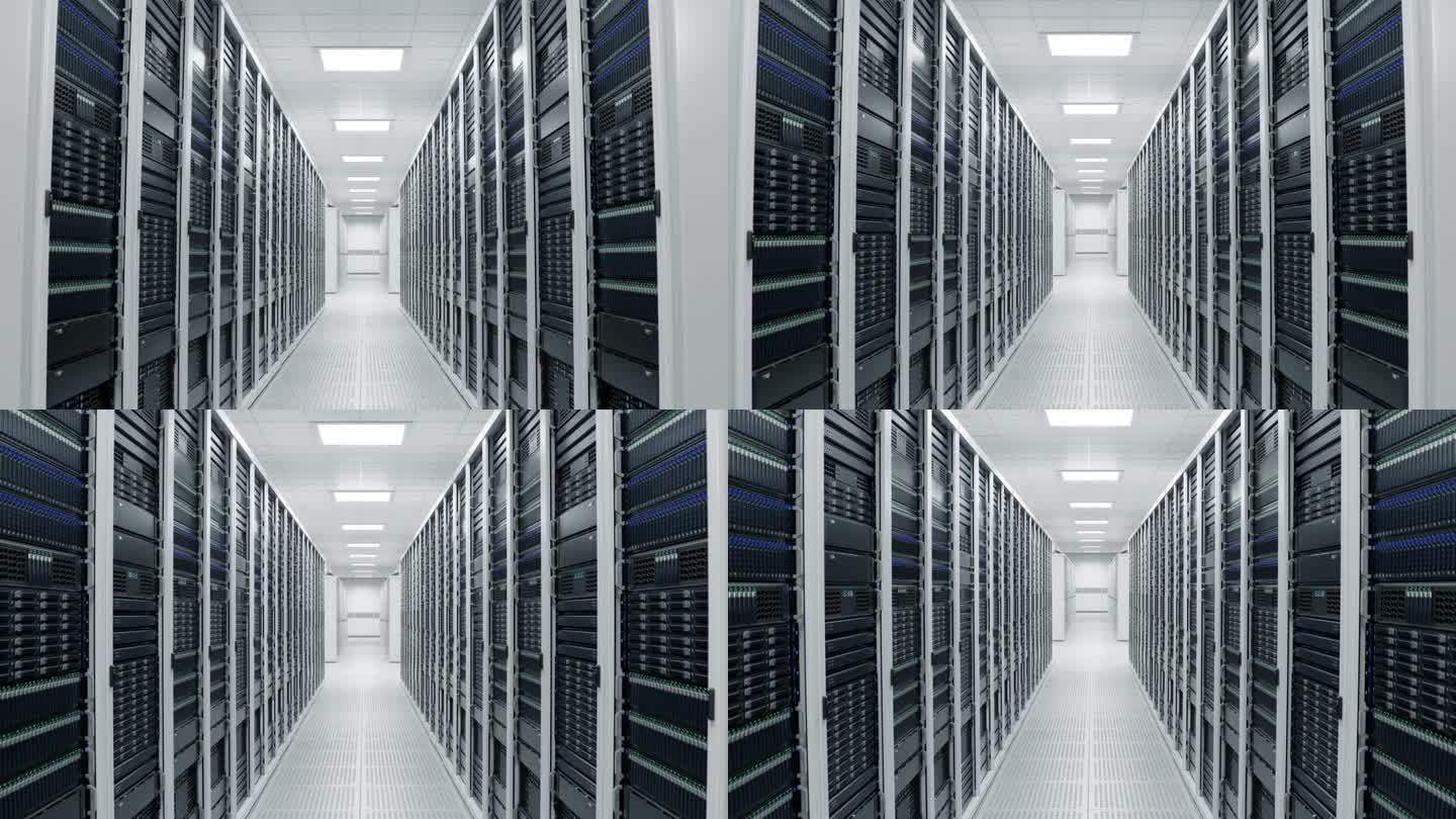 超级计算机与先进云计算概念。明亮清洁的数据中心内的白色服务器机柜走廊。人工智能训练集群。