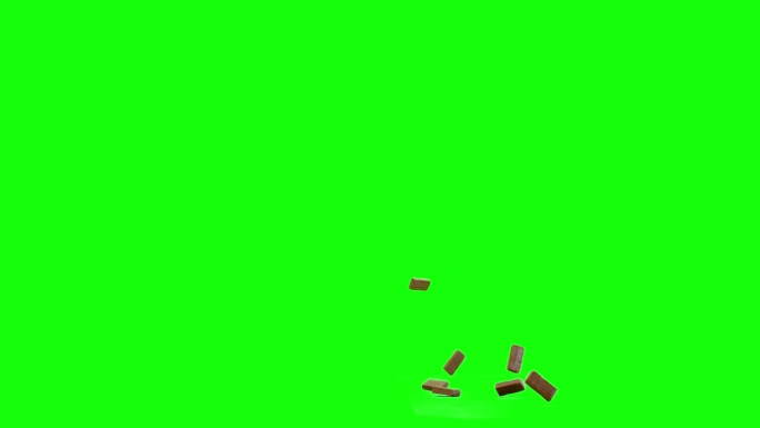 大块的砖块从屏幕的顶部扔出来，散射在想象的平面上，绿色的屏幕背景，动画覆盖视频的色度键混合选项。砖头