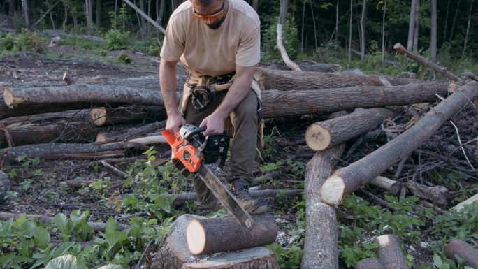 强壮勤劳的伐木工人戴着护具砍树
