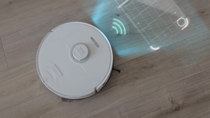 白色机器人真空吸尘器扫描强化木地板。探测器有助于识别墙壁和物体并优化清洁。智能未来清洁设备。创建清理