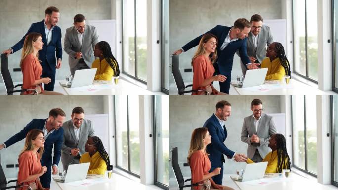 公司团队，经理在办公室握手承诺，入职或客户谈判