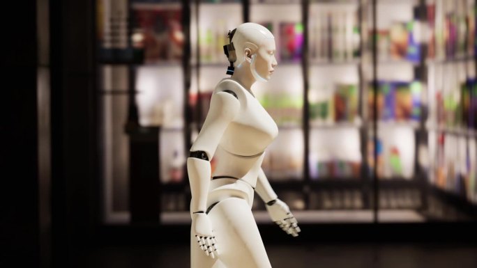 在大城市的街道上行走的女性机器人。人形人工智能机器人过马路。3 d动画。未来的自动化工作。