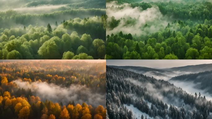 大山森林树木四季变化 大雾金秋雪白森林
