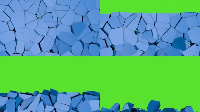 蓝色的墙倒塌了，出现了一个绿色的屏幕。3 d动画。视频效果的内容编辑。