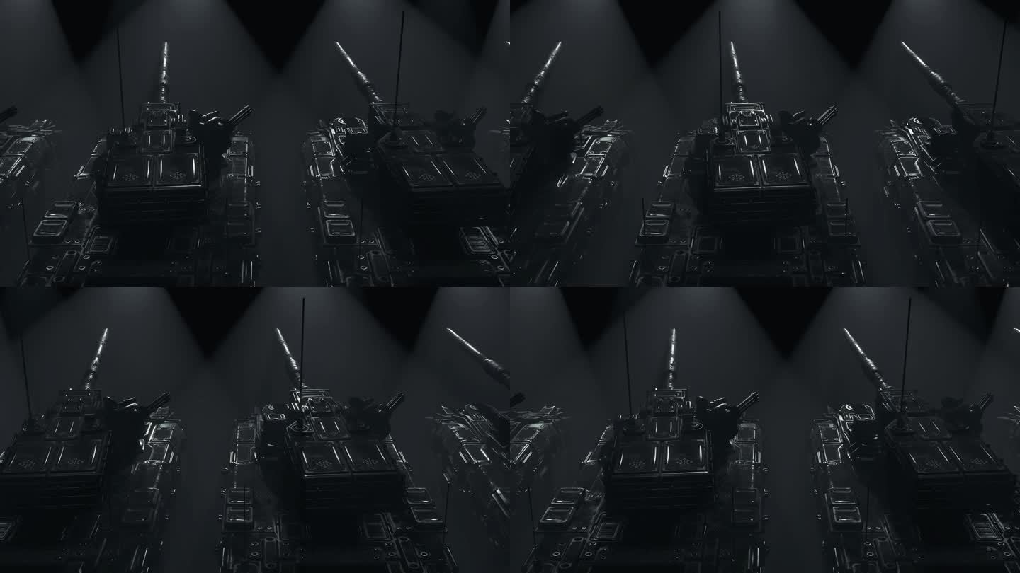 轮式军用坦克在基地，小队正在准备任务，黑色背景，抽象，3d渲染