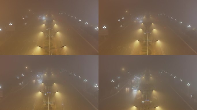 4k 大雾红色预警 城市 夜幕