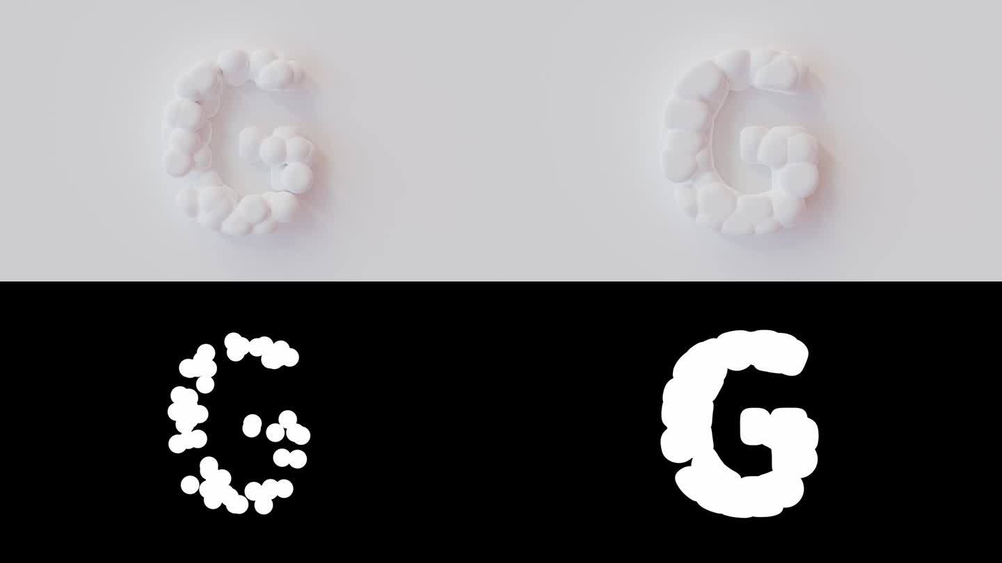 球体扩大并挤在一起形成字母字体g和Alpha通道。最小的想法概念。